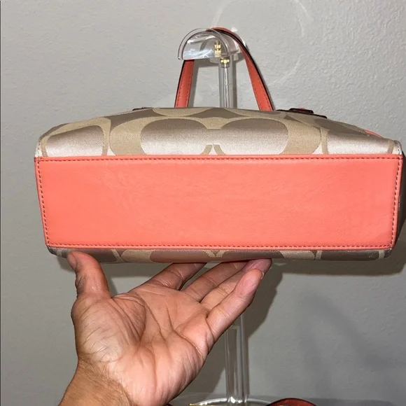 Coach Beige Signature Tote with Coral Trim - Picture 4 of 7